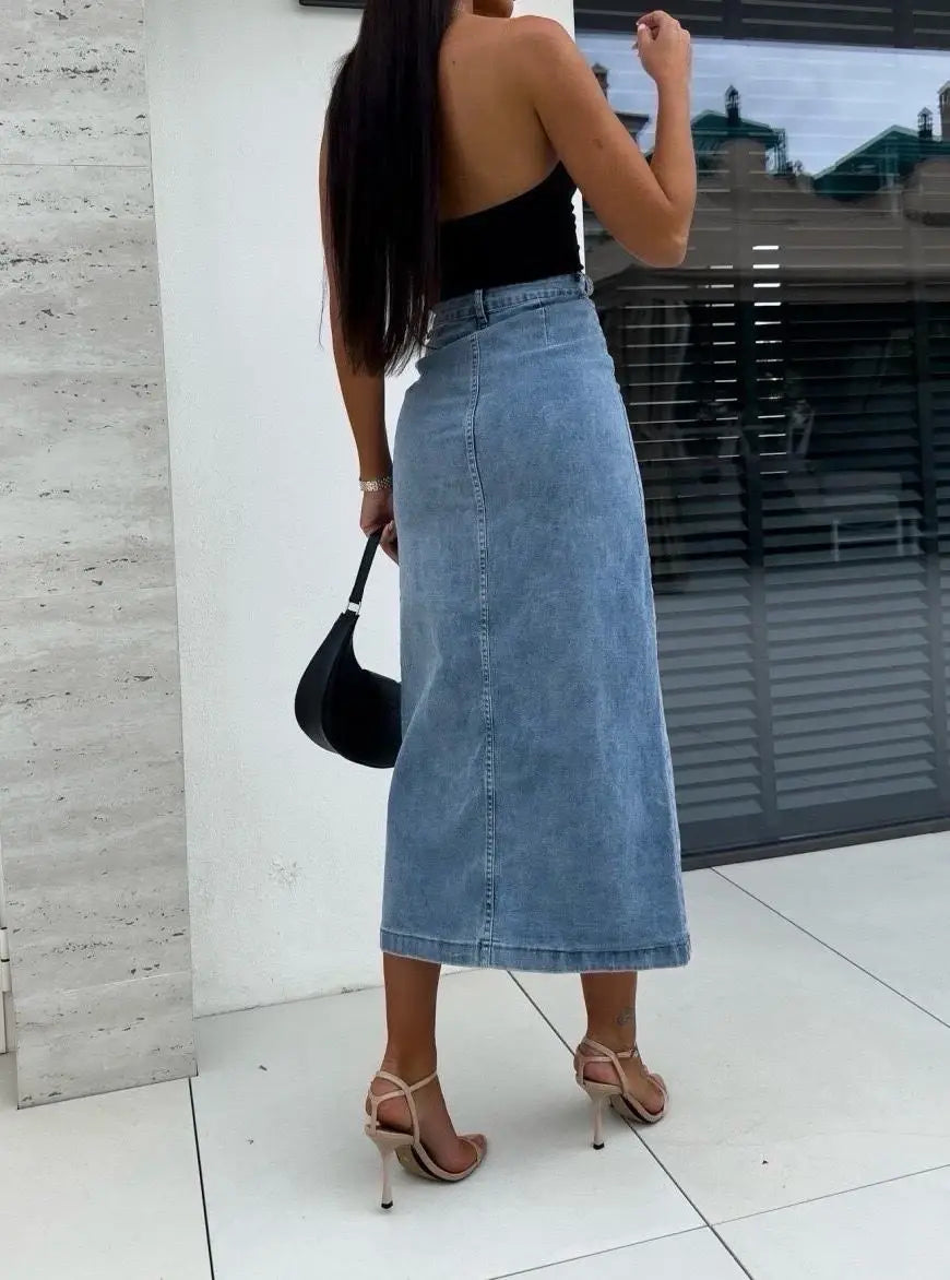 Lång denimkjol med knappar