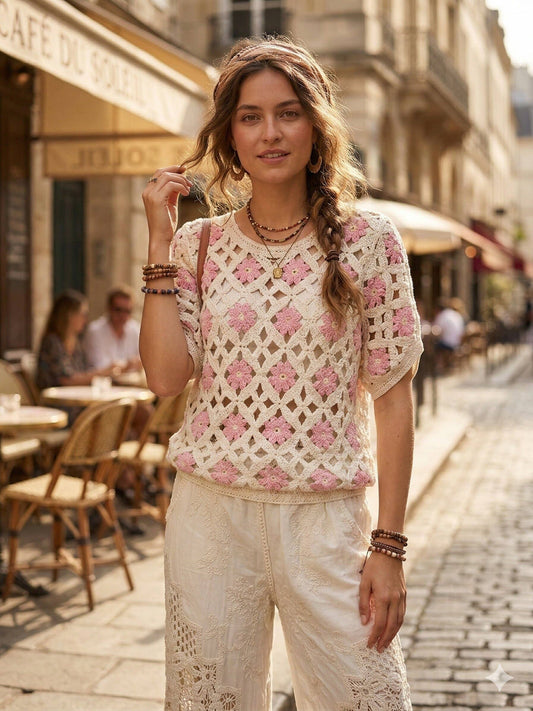 Ajourmönstrad topp med blommotiv Onesize