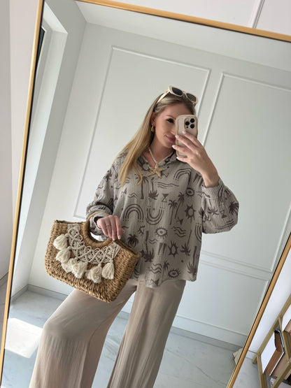 Musselinblus med palmer – Beige