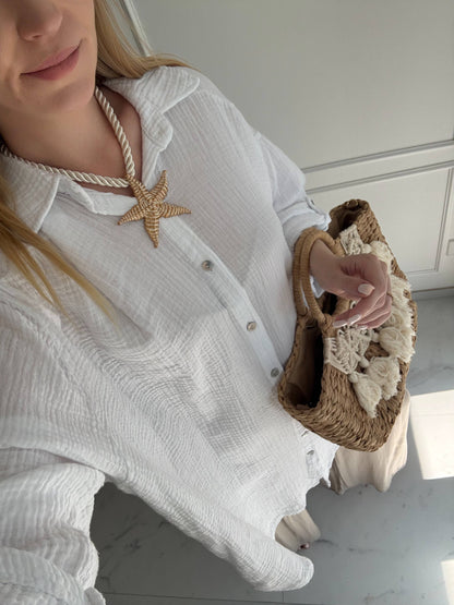 Oversize musslinblus med skyddande öga – Vit